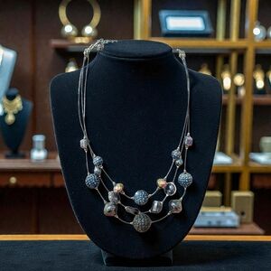 Multi-Strand Glitter And Rhinestone Silver Necklace Vintage